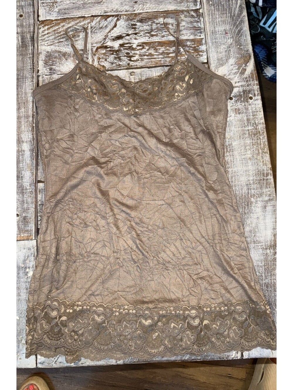 Maurices Womens Med Brown Crinkle Lace Y2k Cami Tank Top 2000s Layering